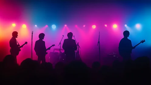 Silhouetted indie band bathing in neon concert twilight glow.