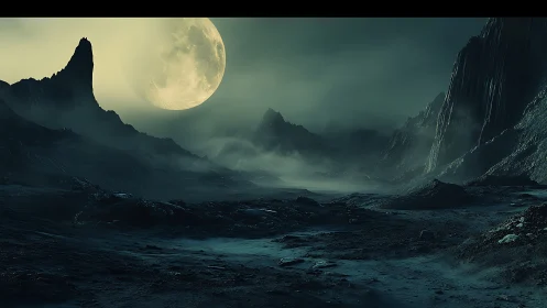 Midnight moonrise over misty alien valley of stone.