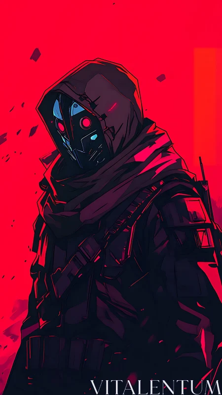 Hooded cyber assassin with glowing mask on red backdrop.
