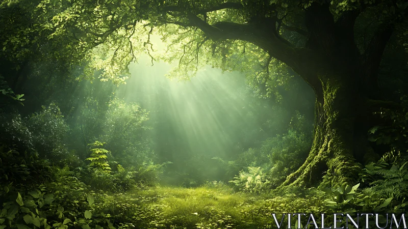 Sunlit forest clearing with dense canopy and moss-covered trees