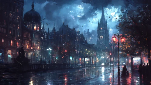Nocturnal neo-gothic cityscape with rain-soaked boulevard