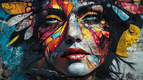 Paint-splintered goddess stares through cracked concrete wings