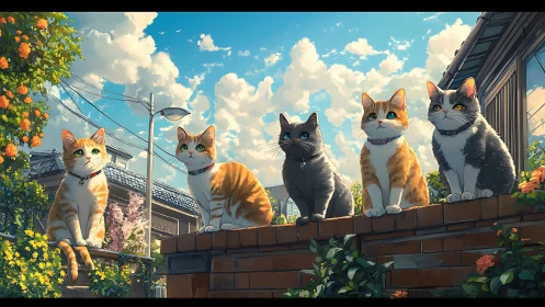 Five Feline Sentries Survey Their Urban Kingdom from the Brick Rampart