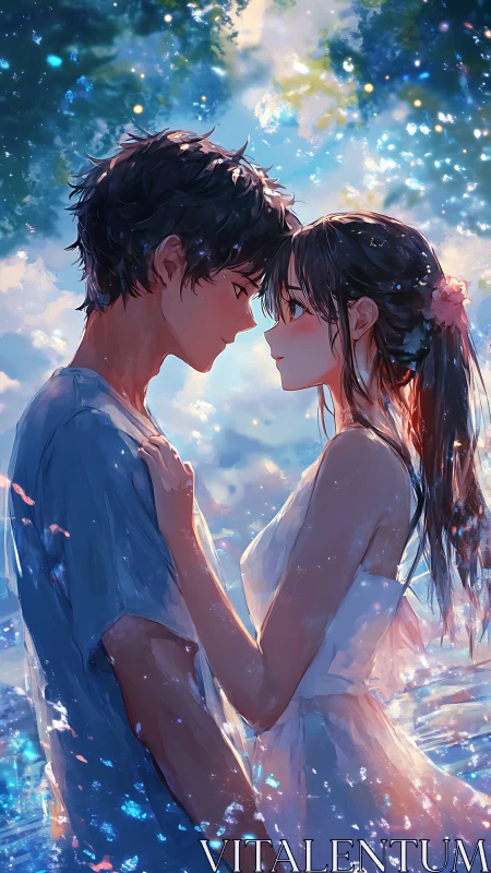 Side-view anime couple standing closely in reflective water.