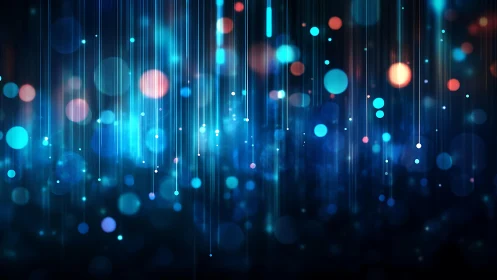 Futuristic abstract blue and orange bokeh lights with vertical lines.