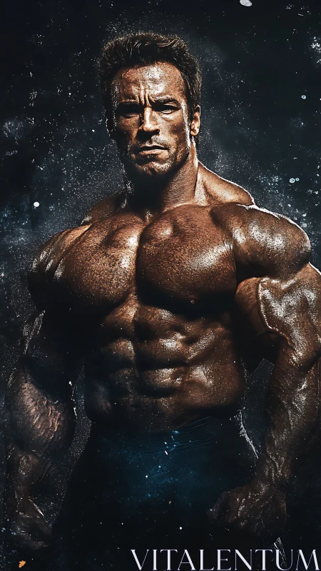 Powerful bodybuilder poses against dark, cinematic backdrop.