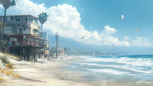 Coastal residential buildings on sandy shoreline under clouds.