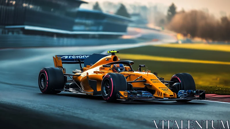 Orange single seater racing car on modern race circuit.