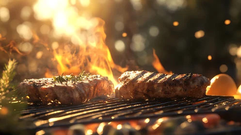 Sizzling steaks trade secrets with sunset flames on the grill