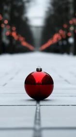 Red Christmas ornament rests centered on snowy pathway
