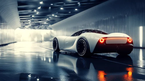 Futuristic white supercar glows in a sleek neon tunnel.