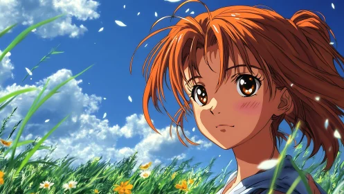 Anime girl gazes over sunlit meadow under vivid sky