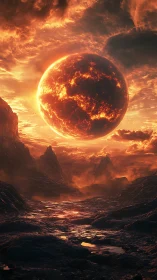 Burning crimson planet rises above volcanic wasteland.