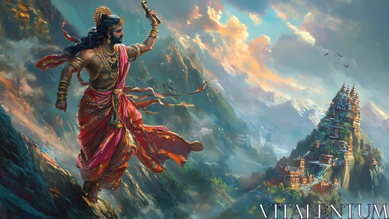 Mythic warrior strides across Himalayan peaks toward citadel