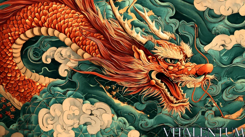 Fiery oriental dragon surges through teal storm clouds