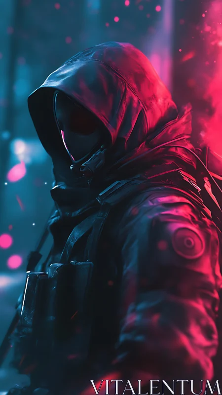 Hooded tactical figure is rendered in neon cyan and magenta light
