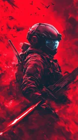 Lone futuristic soldier stands ready in a blazing red haze