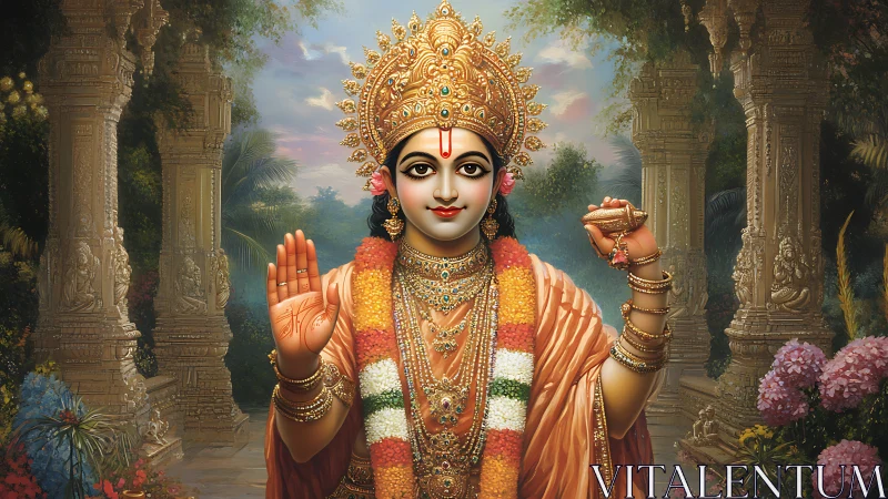 Graceful goddess in golden temple garden radiating calm joy.