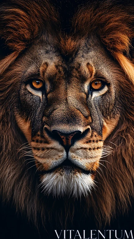 Close frontal portrait of male lion with detailed mane.