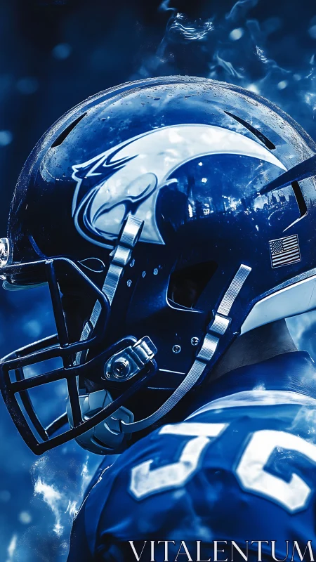 Electric blue football helmet in dramatic smoke glow.