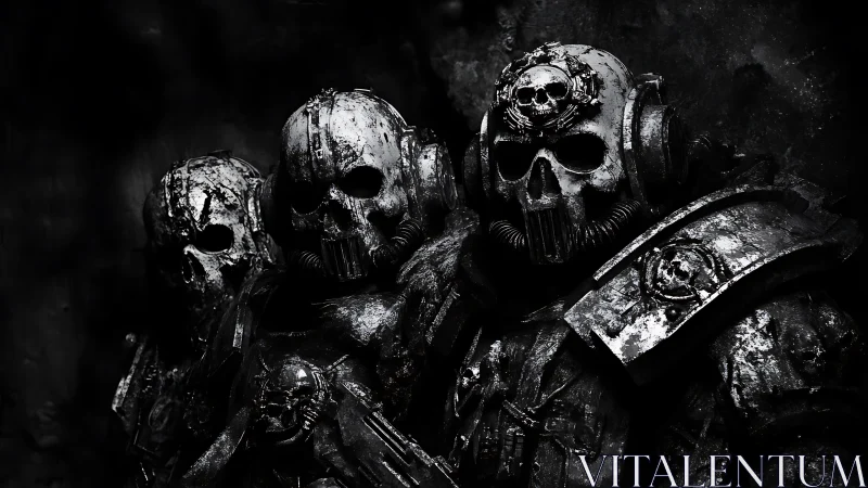 Grimdark skeletal troopers in corroded power armor composition.
