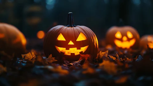 Low-angle jack-o-lantern array with shallow-depth bokeh glow.