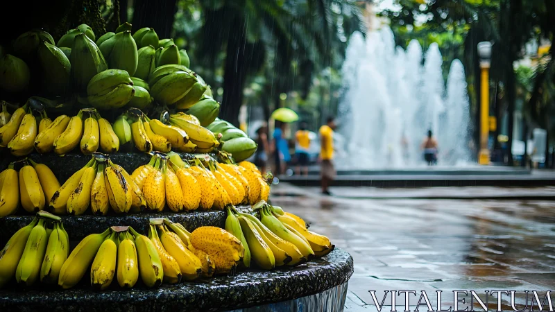 Tiered banana display near urban fountain in wet plaza.