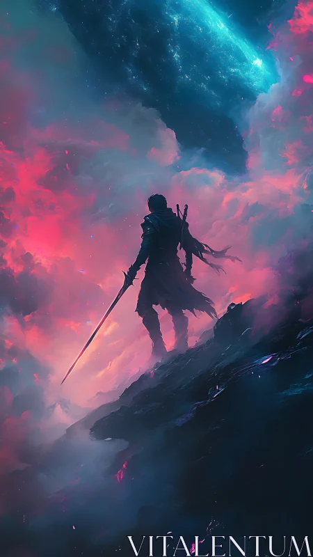 Lone swordsman on cliff amid pink and blue cosmic clouds.