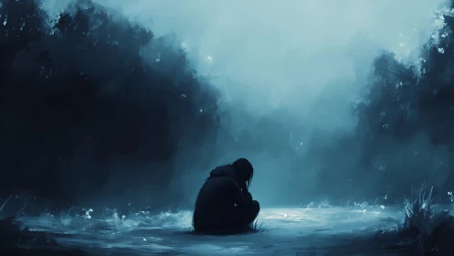 Solitary midnight figure curled inside a storm of quiet blues.