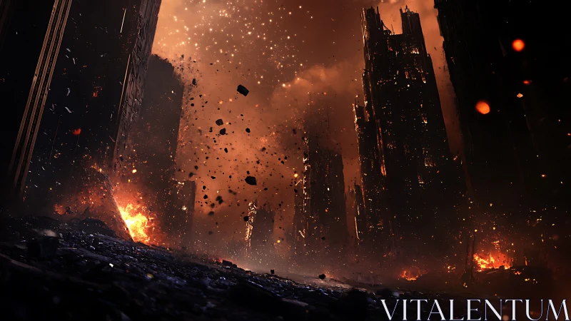 Shattered towers drift upward as a burning city exhales