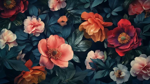 Garden's Jeweled Conversation Unfolds Against Deep Teal Darkness