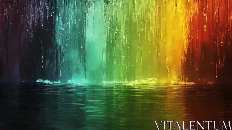 Prismatic waterfall curtain spilling color into silent water.