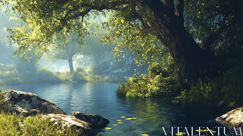 Serene riverside retreat beneath ancient trees and golden light