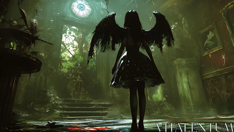 Winged shadow girl haunting a moss-lit forsaken hall.