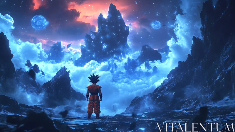 Anime warrior observes glowing cosmic landscape from cliff edge