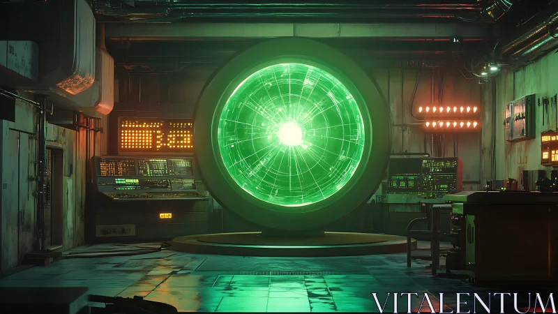 Quantum green portal hums at the heart of a retro lab
