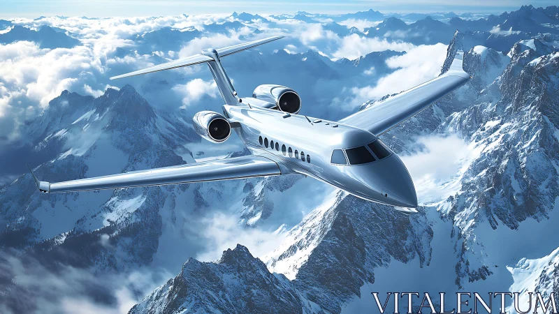 Sleek private jet flying above dramatic snowy mountains.