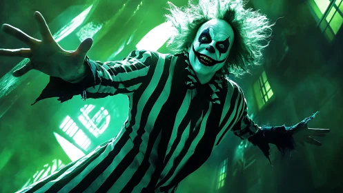Striped-suit clown lunges forward in eerie green alley