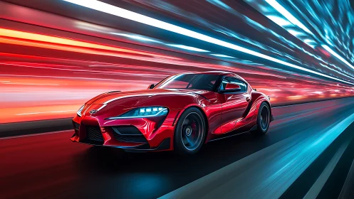 Red sports coupe in motion within stylized light tunnel.