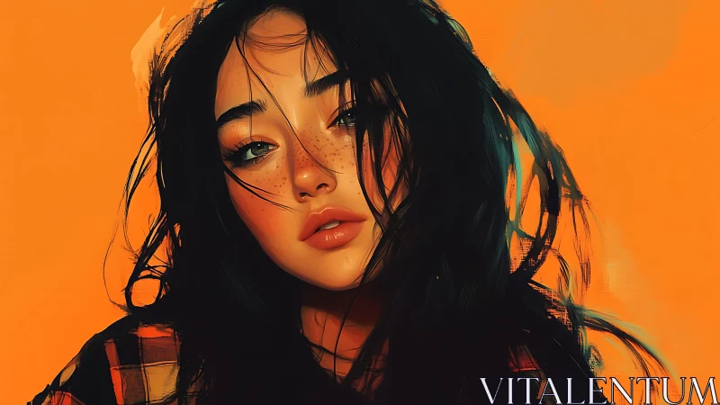 Digital portrait of freckled woman on vivid orange background.