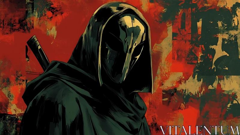 Hooded masked figure with sword against red abstract ground