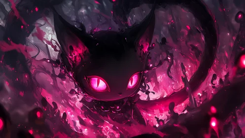 Cat-like figure with luminous eyes in dark abstract field.