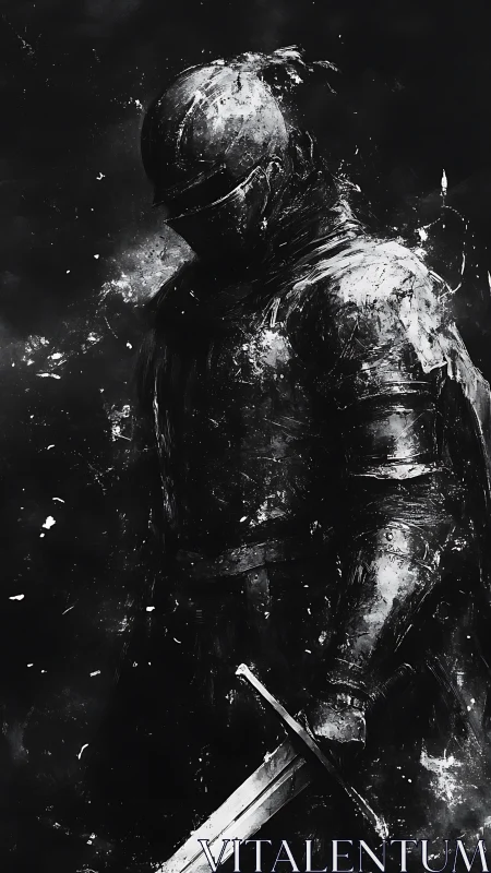 Monochrome armored knight silhouette with distressed paint texture