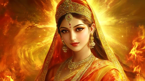 Radiant fire goddess in golden sari and glowing crown.