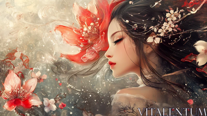 Profile of woman with red flowers in abstract environment.