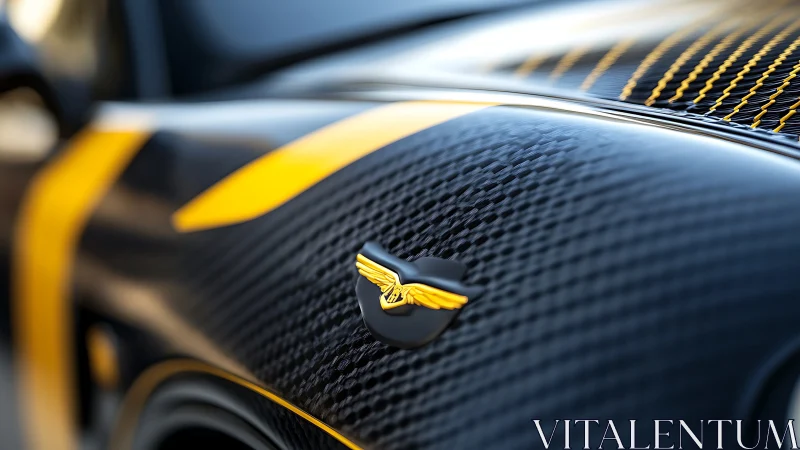 Sleek carbon fiber sports car hood glows with bold yellow lines