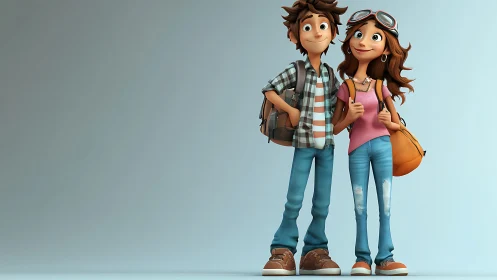 3D Animated Characters: Male Figure with Plaid Shirt and Backpack, Female Figure with Pink Top