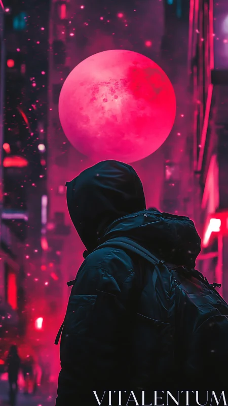 Hooded figure under large red moon in neon cityscape.