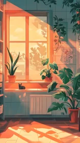 Sunlit kitchen window bathes plants and resting cat in warmth