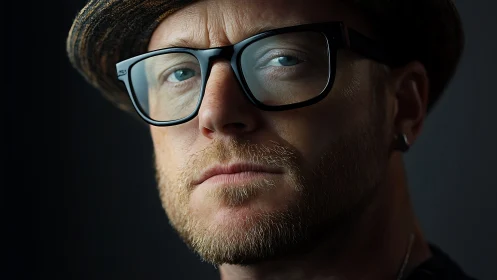 Low-key close-up portrait of bearded man in thick black glasses